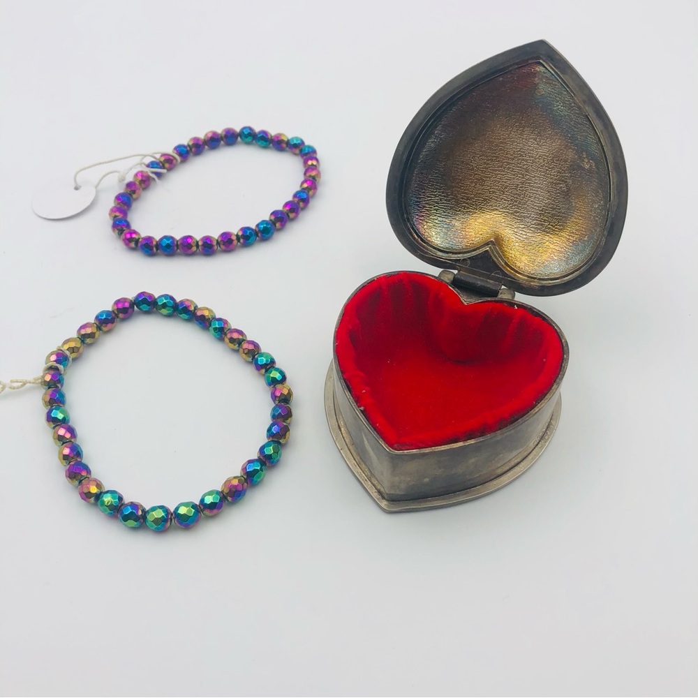 Vintage Pewter Heart Rainbow Hematite Bracelet Purple Punk - Picture 5 of 7